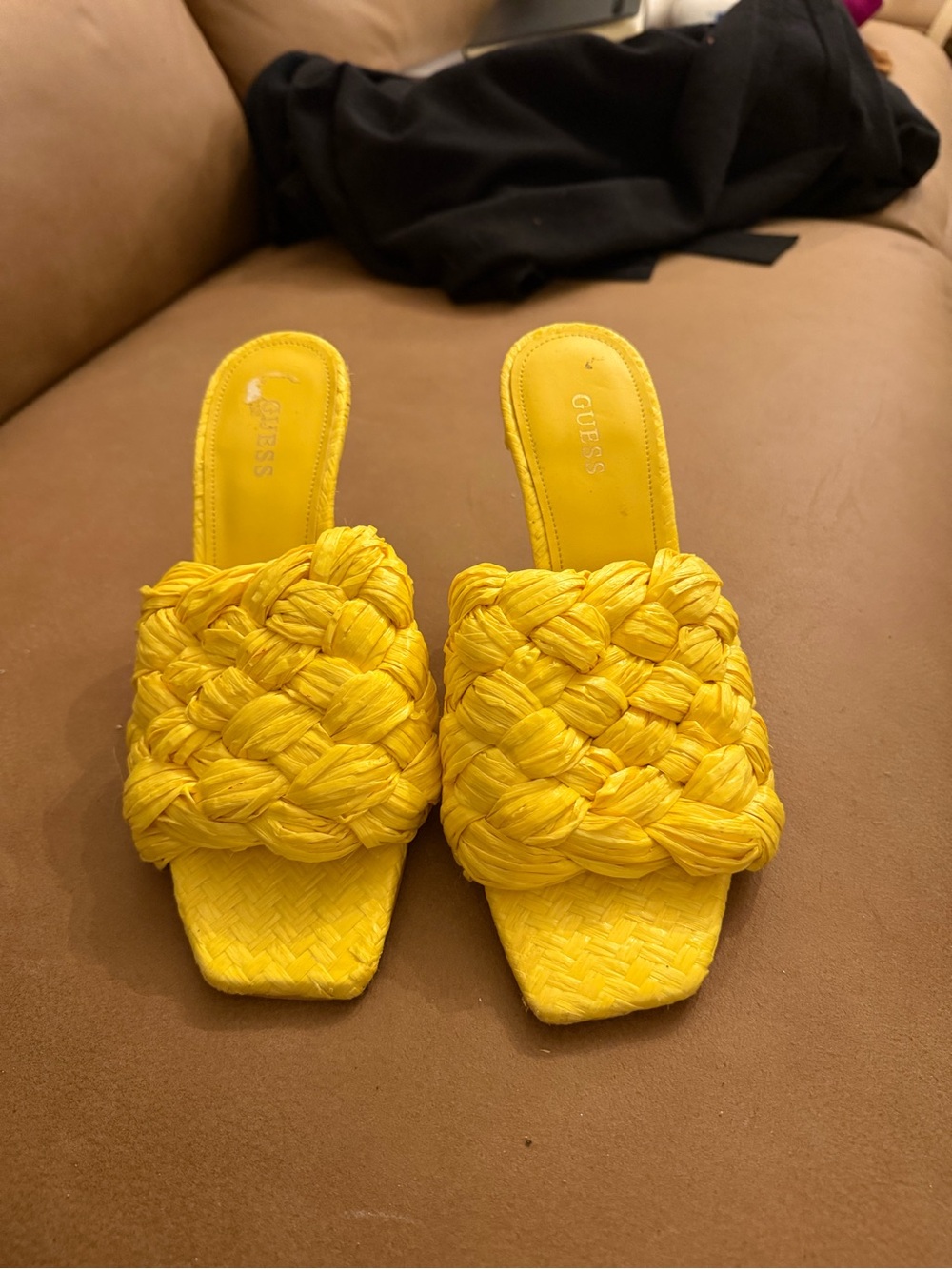 GUESS Women's Yellow Braided Slide Sandal Heels